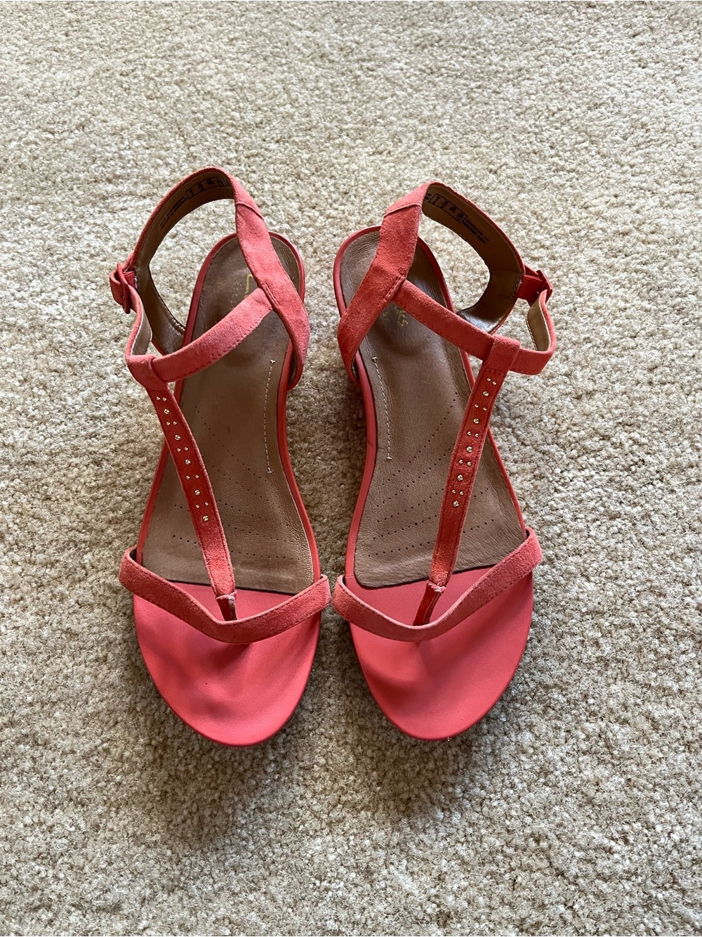 Clarks Coral Pink Strappy T‑Bar Sandals - Women's